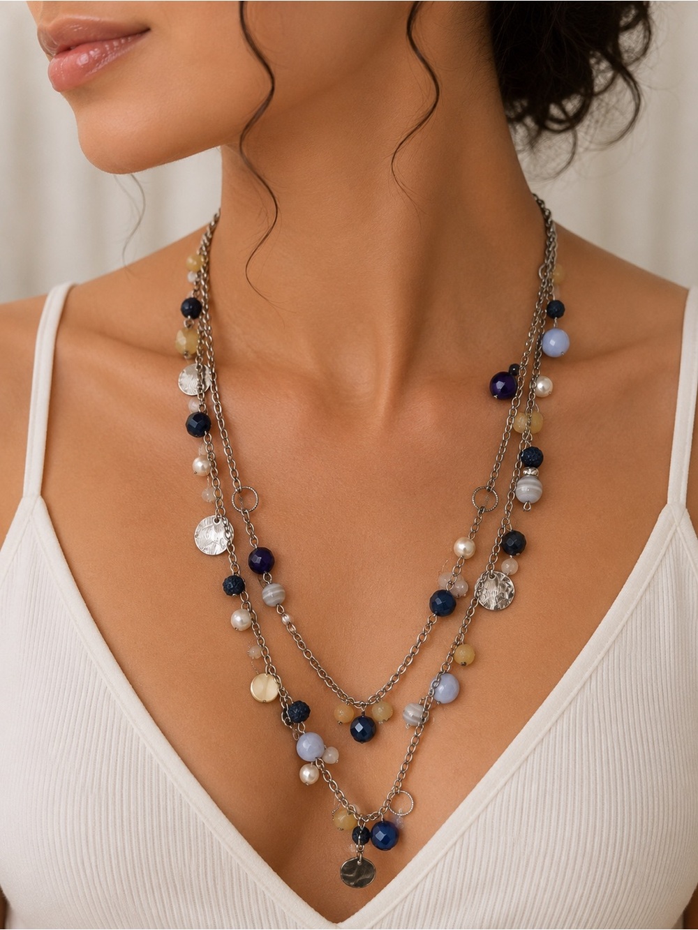 Chico's Layered Beaded Necklace in Navy, Blue, Cream and Gold